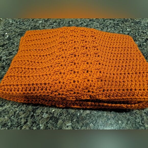 Handmade crocheted scarf, burnt orange color, with opening to secure scarf, 93" - Picture 8 of 8